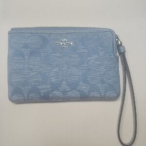 Coach Sydney Wristlet in‎  blue signature chambray fabric with leather trim New